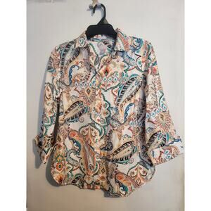 Chico's Vibrant Colorful Paisley Button Up Shirt No Iron Stretch Boho Artsy Fun